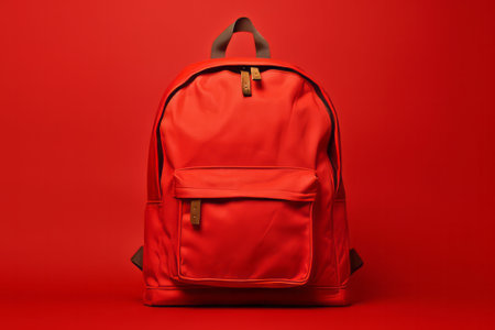 Red school backpack on a red background. Back to school concept.の素材