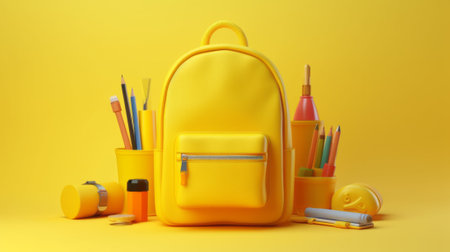 School backpack with stationery on a yellow background. 3d renderingの素材