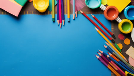 School supplies on a blue background. Back to school concept. Copy space.の素材