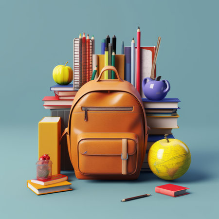 Back to school concept. School bag, books, pencils, apple and globe on blue backgroundの素材
