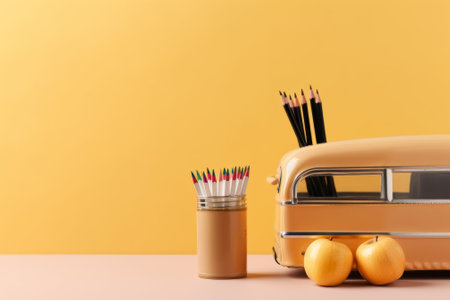 school supplies on a table with yellow background, back to school conceptの素材