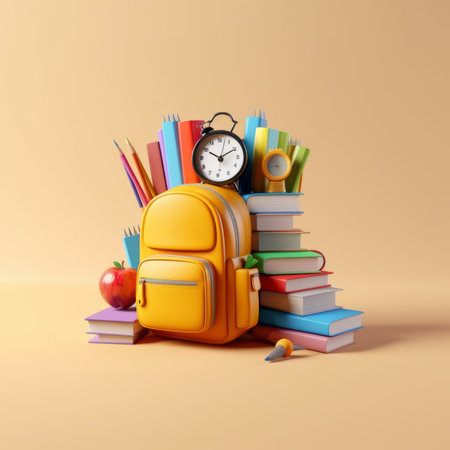 School backpack with books and alarm clock. Back to school concept. 3d renderの素材