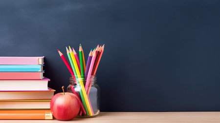 Back to school concept with books, pencils and apple on blackboard backgroundの素材