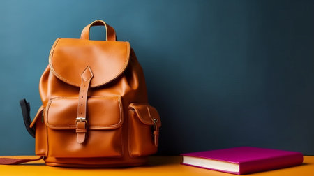 brown leather backpack with book on the table, back to school conceptの素材