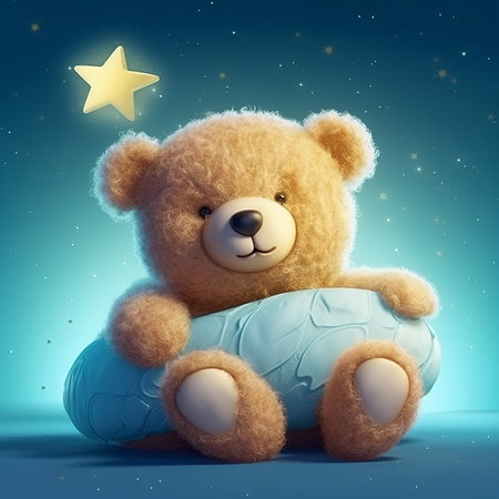 Teddy bear on a blue background with stars. 3d renderingの素材