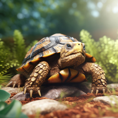 turtle on the stone in the garden, soft focus background.の素材