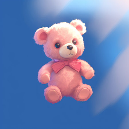 Cute teddy bear with bow on blue background. 3d renderingの素材