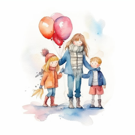 Little girls and boy with balloons. Watercolor hand drawn illustration.の素材