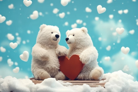 Two teddy bears with red heart on snow. Valentine's dayの素材
