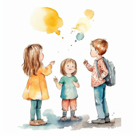 Three children looking at each other with speech bubbles. Watercolor illustrationの素材