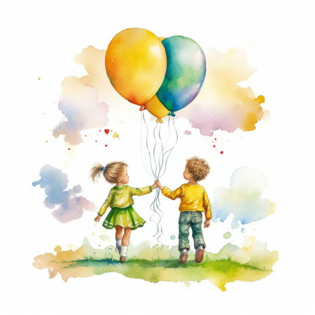 Little boy and girl holding colorful balloons. Watercolor hand drawn illustrationの素材