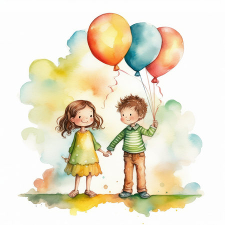 Cute boy and girl with colorful balloons. Watercolor illustration.の素材