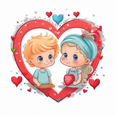 Valentines day card with cute little girl and boy in love illustrationの素材