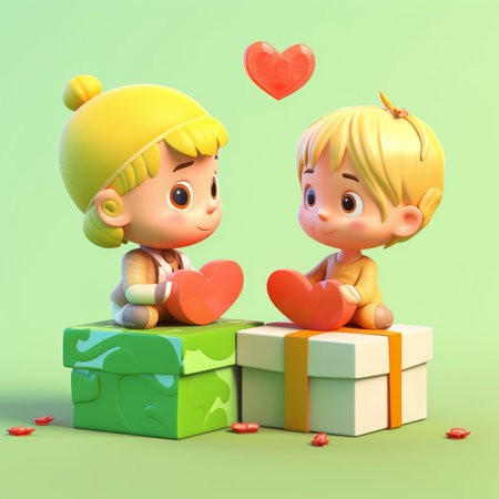 Valentine's day. Cute little boy and girl sitting on gift boxes and holding hearts.の素材