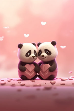 Couple of cute panda bears holding a heart on pink backgroundの素材