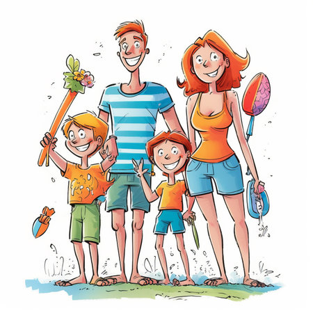 Happy family on vacation. Mother, father and children. Vector illustrationの素材