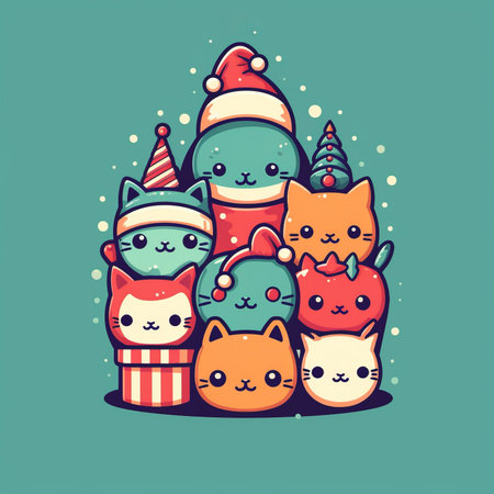 Cute kawaii cats with christmas hats. Vector illustration.の素材