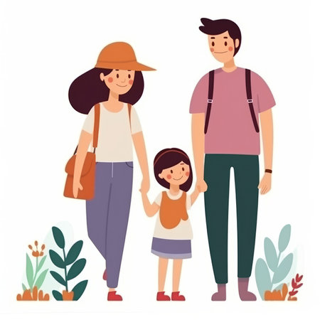 Happy family with kids. Father, mother and daughter with backpacks. Vector illustrationの素材