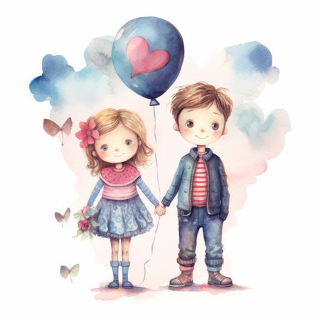 Cute little boy and girl with heart balloon. Watercolor illustrationの素材