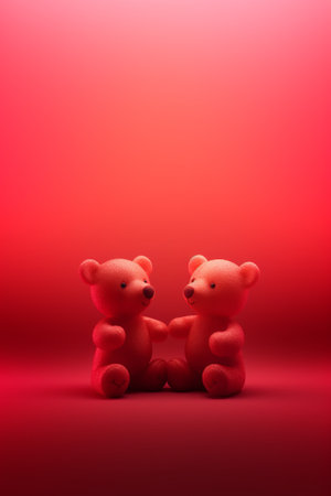 Two red teddy bears on red background. Valentine's day conceptの素材