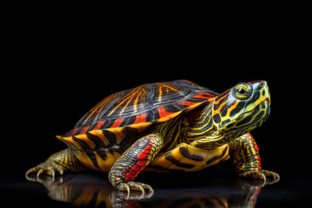 Red-bellied slider (Trachemys scripta elegans) isolated on black backgroundの素材