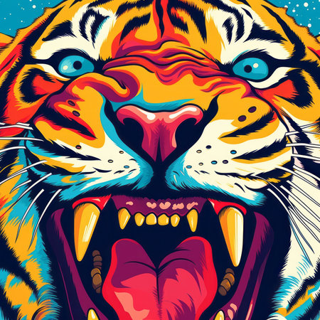 Vector illustration of tiger face with open mouth and tongue on blue backgroundの素材