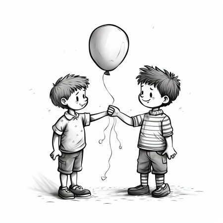 Illustration of two boys holding a balloon, sketch for your designの素材