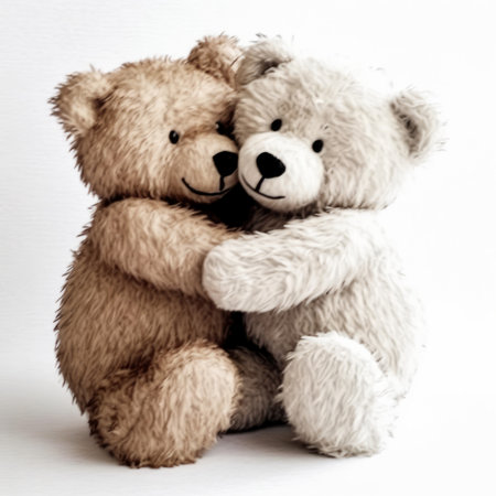Two teddy bears hugging on white background. Toned image.の素材