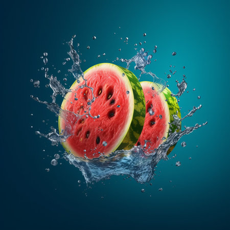 Watermelon in water splash on blue background. 3d illustration.の素材