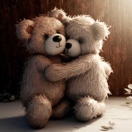 Two teddy bears in love on wooden background. Toned.の素材