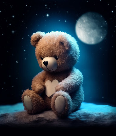 teddy bear sitting on snow with moon and stars in the backgroundの素材