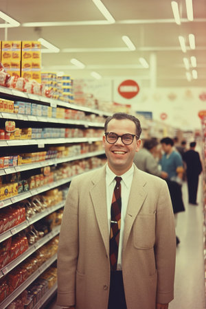 Portrait of mature businessman standing in aisle of supermarket and looking at cameraの素材
