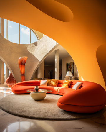 Interior of modern living room with orange sofa and round coffee tableの素材