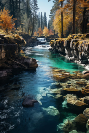 Waterfall in the forest. Colorful autumn landscape with a river.の素材