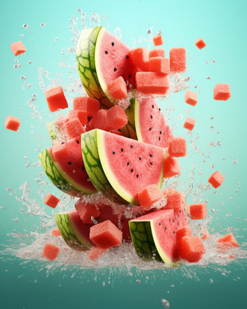 Watermelon slices with water splashes on aquamarine background.の素材