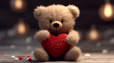 Teddy bear with red heart on wooden background. Valentine's day conceptの素材