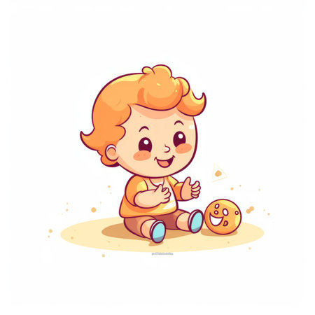 Cute little boy sitting on the floor and playing with cookies. Vector illustration.の素材