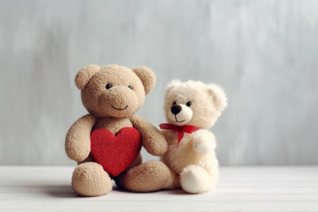 Two teddy bears with a red heart on a white wooden backgroundの素材