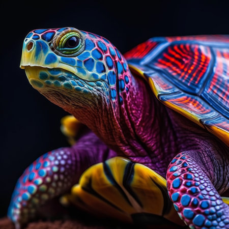 Close up of a colorful tropical tortoise on a dark background.の素材