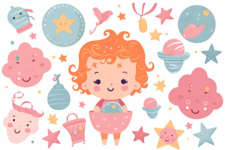 Cute little girl vector illustration. Cute cartoon baby girl with stars, planets, balloons.の素材