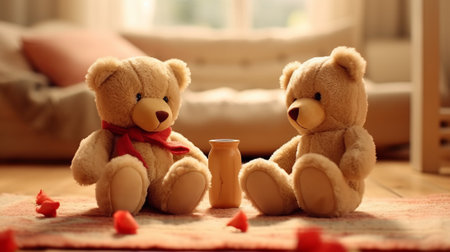 Teddy bears with bottle of milk on floor in room, closeupの素材