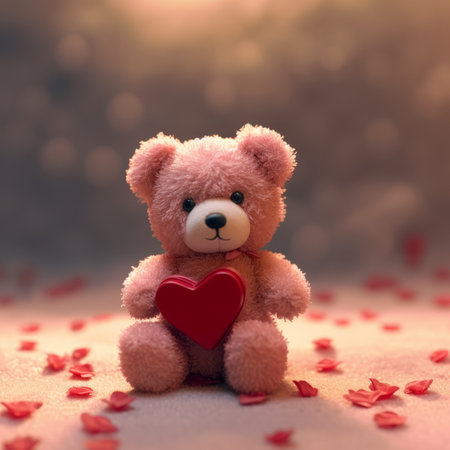Teddy bear with red heart on bokeh background. Valentine's day concept.の素材