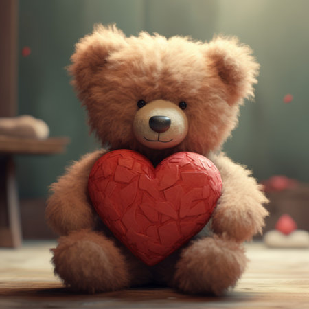 Teddy bear with red heart on wooden floor, valentines day conceptの素材