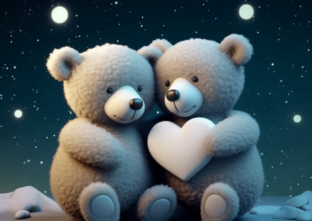 Two teddy bears with a heart on a starry background.の素材