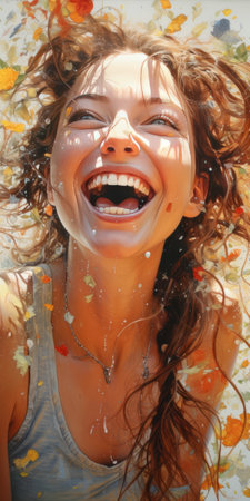 Beautiful young woman with her hair blowing in the air and smilingの素材