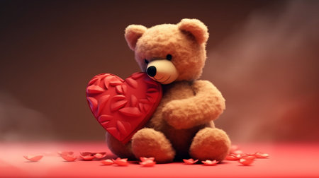 Teddy bear with red heart on red background. Valentine's day concept.の素材