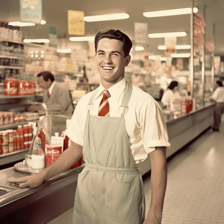 Portrait of smiling young male pharmacist standing at counter in drugstoreの素材