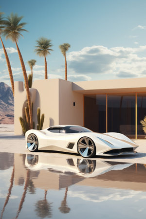 3D rendering of a brand-less generic concept car in desertの素材