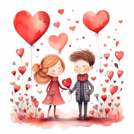 Cute couple in love with red heart balloons. Vector illustration.の素材