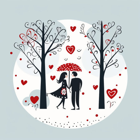 Couple in love on the background of trees and hearts. Vector illustration.の素材
